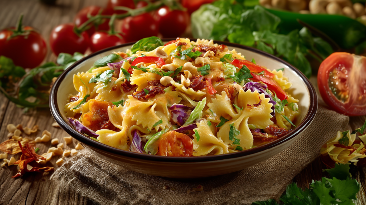 Un tazón con ensalada de pasta con mantequilla de almendras sobre un paño marrón en una mesa de madera. Alrededor del tazón hay algunos ingredientes, como cacahuates, tomates, lechuga y un poco más de pasta.