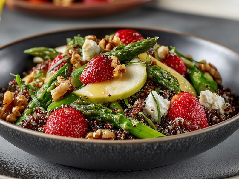 Un plato con ensalada de quinua y espárragos con manzana y fresas. El plato se encuentra sobre un plato mayor con un tenedor. Al fondo se puede ver un vaso lleno y un tazón de madera.