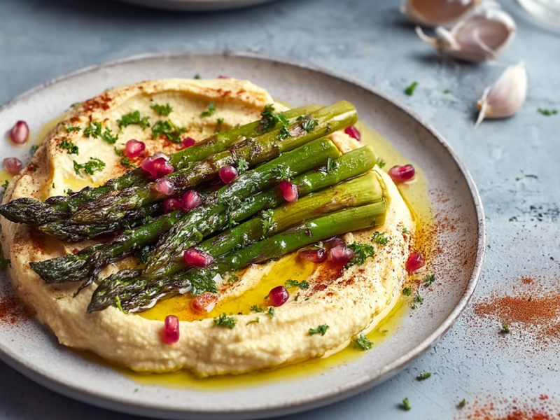 Un plato con espárragos al horno sobre hummus. Todo está decorado con unas semillas de granada. Alrededor del plato hay pimentón en polvo, dientes de ajo y especias esparcidos. También se ve un cuenco de madera con semillas de granada y hay un recipiente con aceite.
