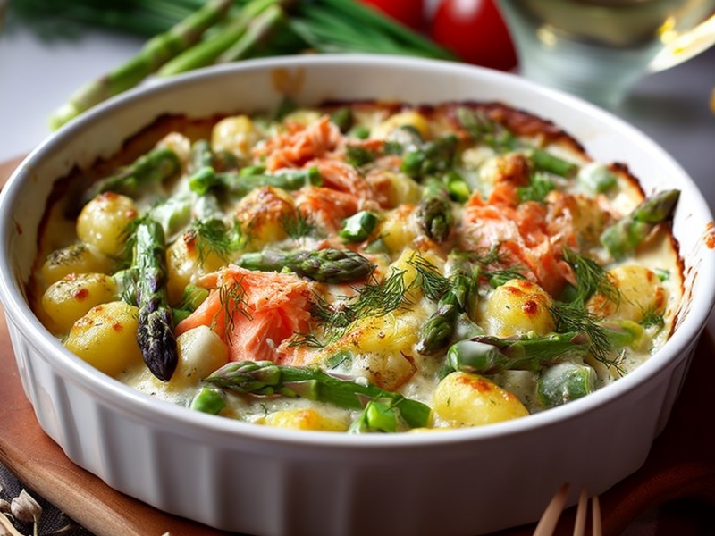 Fuente para horno con gratinado de ñoquis con espárragos y salmón sobre una mesa, ingredientes alrededor