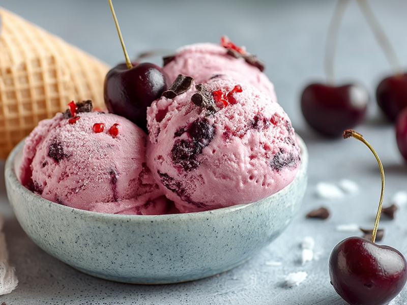 Un tazón con algunas bolas de helado de cereza con chocolate y chile, adornadas con una cereza y hojuelas de chile. Alrededor del tazón hay cerezas frescas individuales. También se puede ver un cono de helado en el fondo.