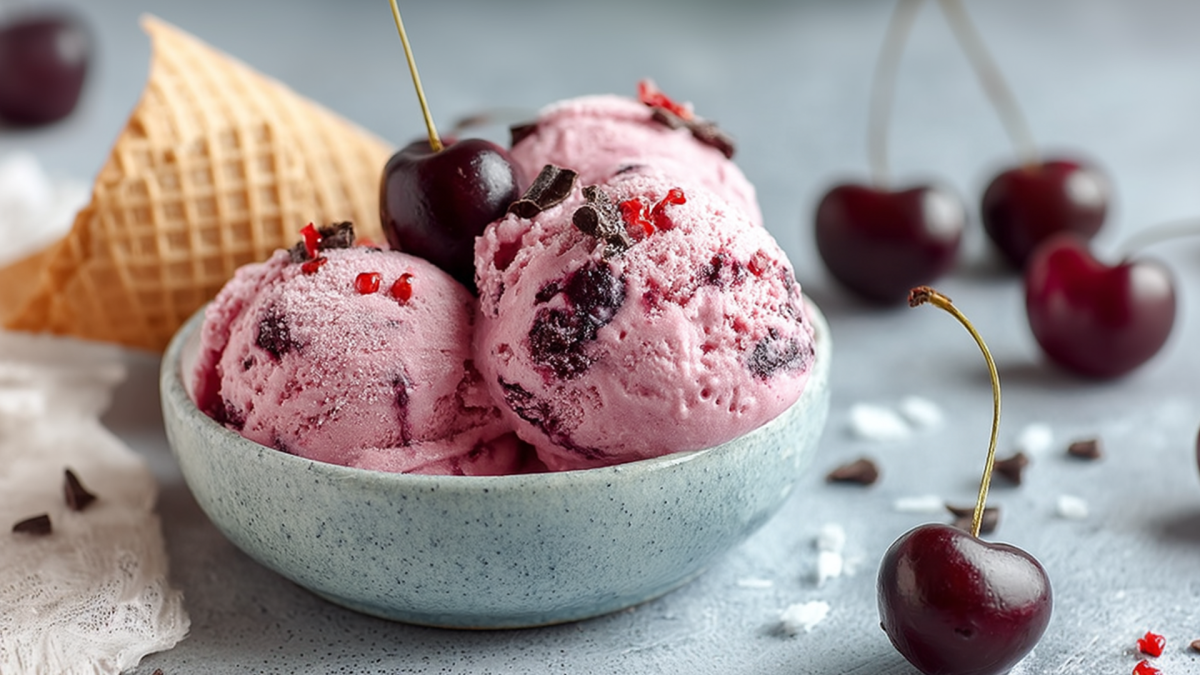 Un tazón con algunas bolas de helado de cereza con chocolate y chile, adornadas con una cereza y hojuelas de chile. Alrededor del tazón hay cerezas frescas individuales. También se puede ver un cono de helado en el fondo.