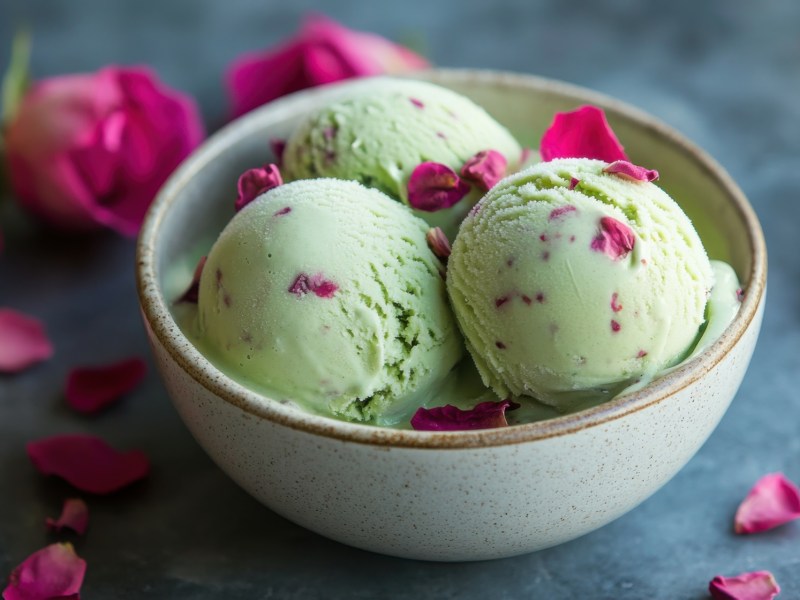 Tres bolas de helado de pistacho y rosas en un tazón verde claro.