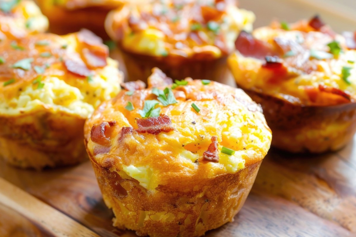Varios muffins de huevo revuelto con jamón sobre una superficie de madera.