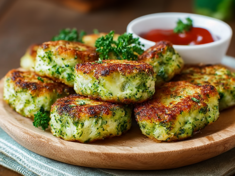 Varios nuggets de brócoli y queso están en un plato de madera. El plato está sobre un paño de cocina en una mesa de madera. Al fondo se ve un tazón con kétchup.