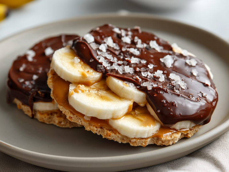 Dos tortitas de arroz con chocolate yacen en un plato gris. Están cubiertas con mantequilla de cacahuete, plátanos, chocolate y granos de sal gruesa. En el fondo se ven dos plátanos.