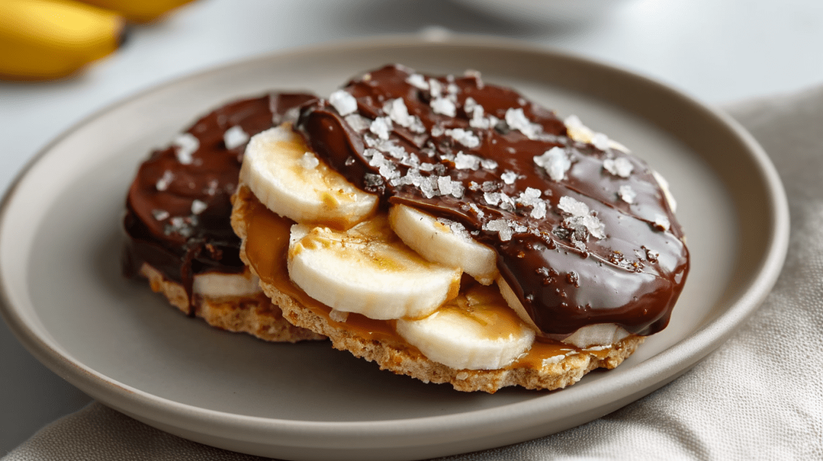 Dos tortitas de arroz con chocolate yacen en un plato gris. Están cubiertas con mantequilla de cacahuete, plátanos, chocolate y granos de sal gruesa. En el fondo se ven dos plátanos.