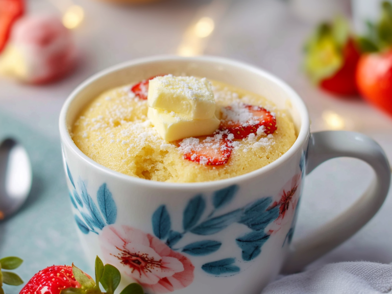 Un panqueque en taza sobre un fondo claro en una taza con flores. Alrededor hay fresas.