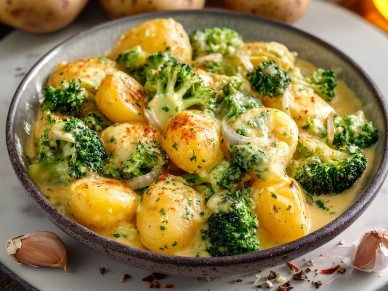 Un plato con papas con brócoli está sobre un mantel individual gris. El plato está preparado con papas, brócoli y cebollas. Delante del plato hay dos dientes de ajo. Detrás del plato hay tres papas y se ve una botella de aceite cortada.