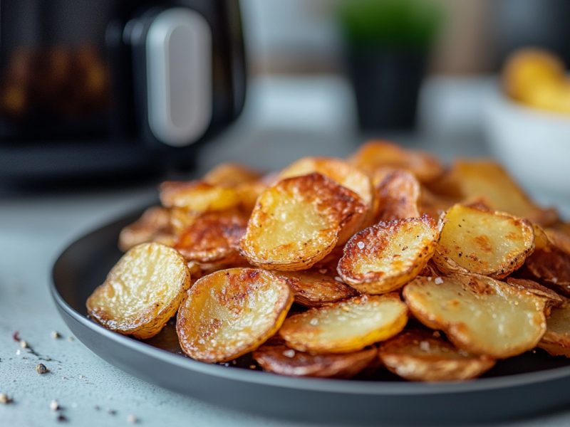 Papas fritas hechas en airfryer sobre un plato. En el fondo aparece una airfryer.