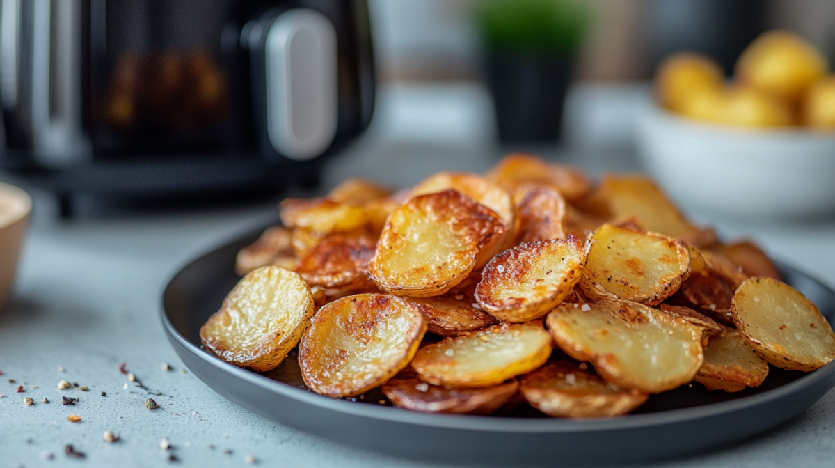 Papas fritas hechas en airfryer sobre un plato. En el fondo aparece una airfryer.