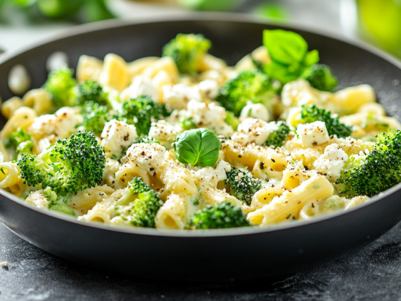 Plato de pasta con brócoli y feta