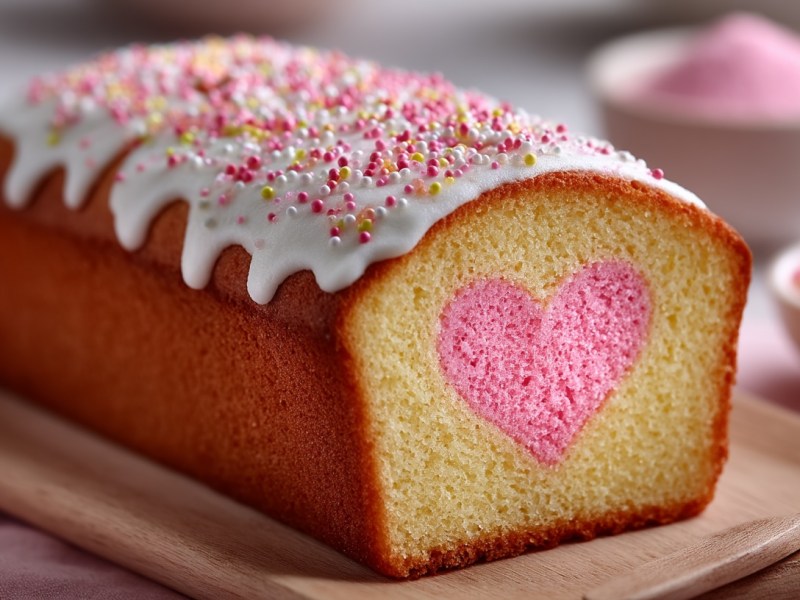 Pastel con forma de corazón cortado con glaseado y chispitas en una tabla.