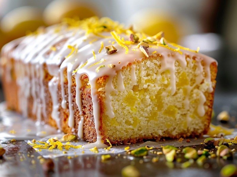 Pastel de coco y limón decorado con glaseado, ralladura de limón y pistachos.