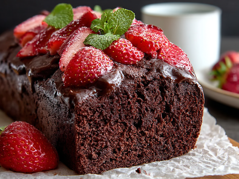 Pastel de fresas y chocolate en molde rectangular, decorado con fresas y hojas de menta.