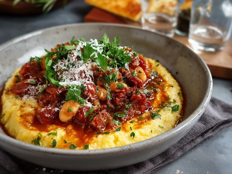 Plato de polenta con salsa de frijoles y chorizo