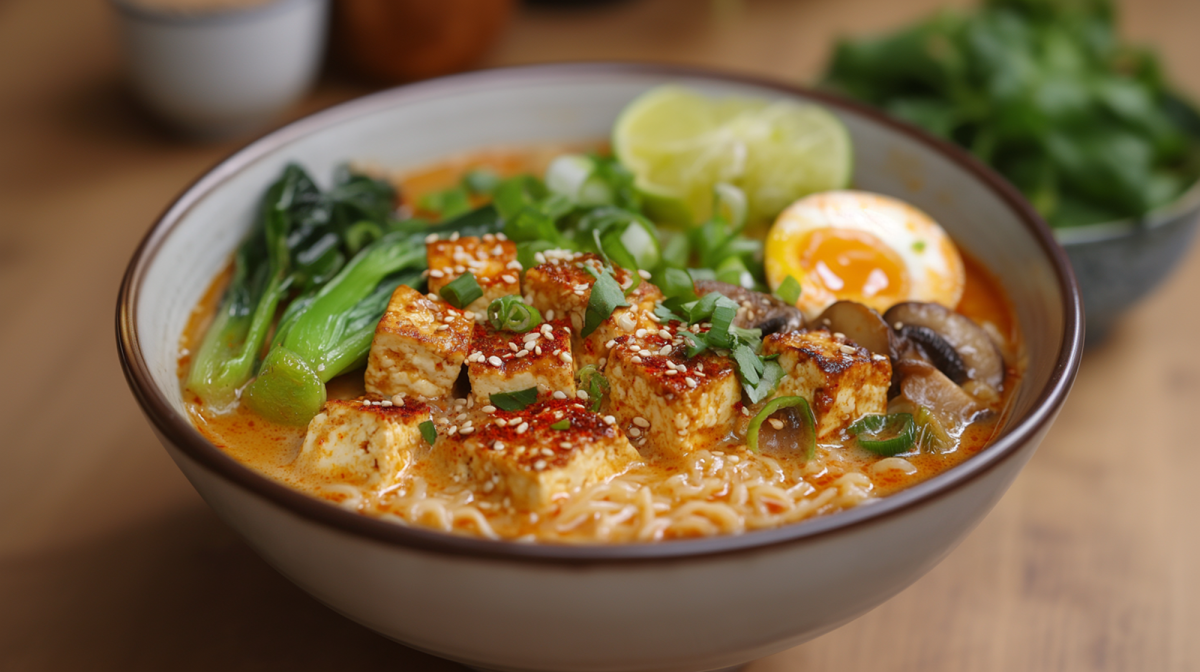 Un tazón lleno de ramen de coco y curry con cubos de tofu, pak choi, champiñones y huevo blando, decorado con cebollines, sésamo y lima. El tazón está sobre una tabla de madera. Al fondo se pueden ver borrosas hierbas frescas y pequeños tazones.