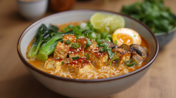 Un tazón lleno de ramen de coco y curry con cubos de tofu, pak choi, champiñones y huevo blando, decorado con cebollines, sésamo y lima. El tazón está sobre una tabla de madera. Al fondo se pueden ver borrosas hierbas frescas y pequeños tazones.