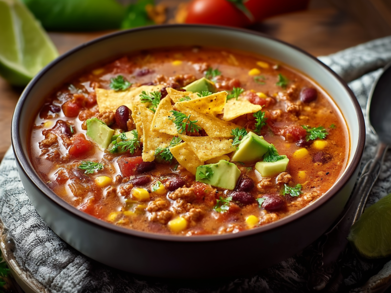 Un plato de sopa de tacos sobre un paño de cocina. Junto a él hay una cuchara y un trozo de lima. Al fondo hay más limas y tomates.