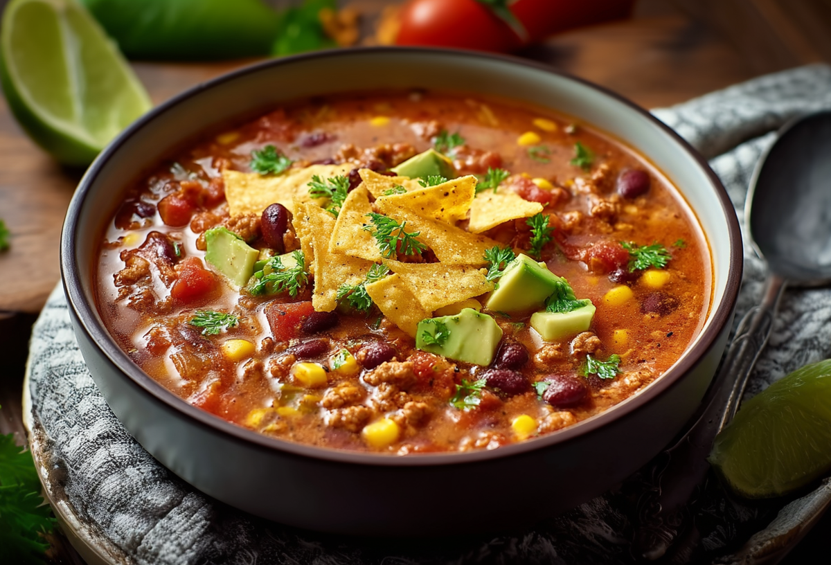 Un plato de sopa de tacos sobre un paño de cocina. Junto a él hay una cuchara y un trozo de lima. Al fondo hay más limas y tomates.
