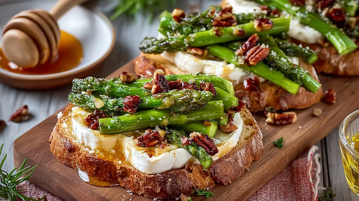 Una tabla de madera con varias tostadas de espárragos con camembert, adornadas con miel y nueces. Al fondo se puede ver un plato con una cuchara de miel de madera y miel.