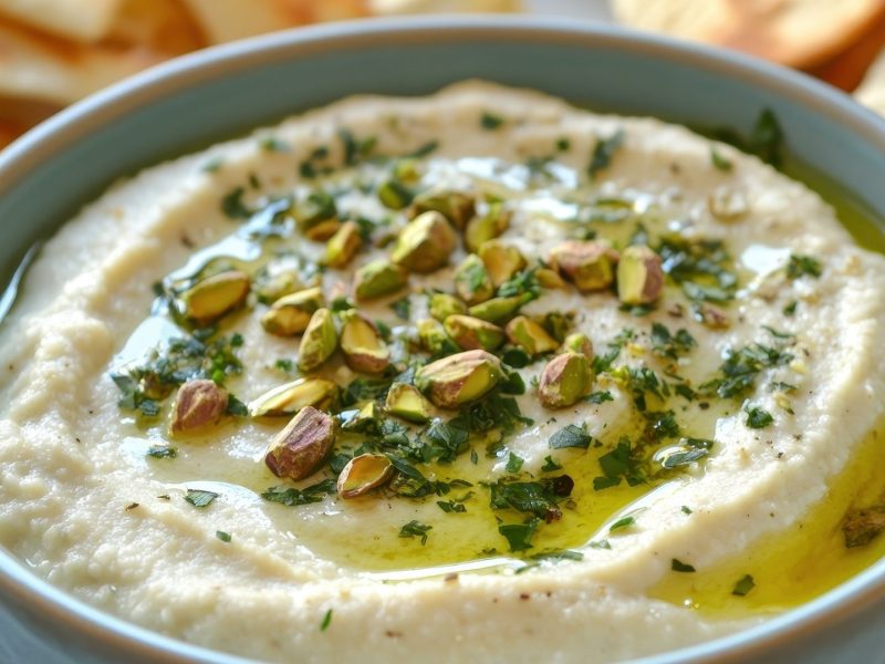 Recipiente con untable de frijoles blancos con pistachos