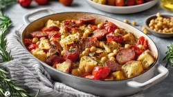 Una cazuela de salchicha con pan, tomate y garbanzos vista desde arriba Alrededor, los ingredientes que la componen.