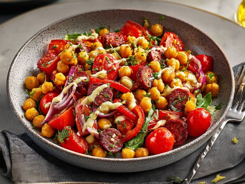 Un plato hondo grande con ensalada de garbanzos tostados con chorizo. El plato está sobre un plato más grande. También hay un tenedor sobre una servilleta de tela.