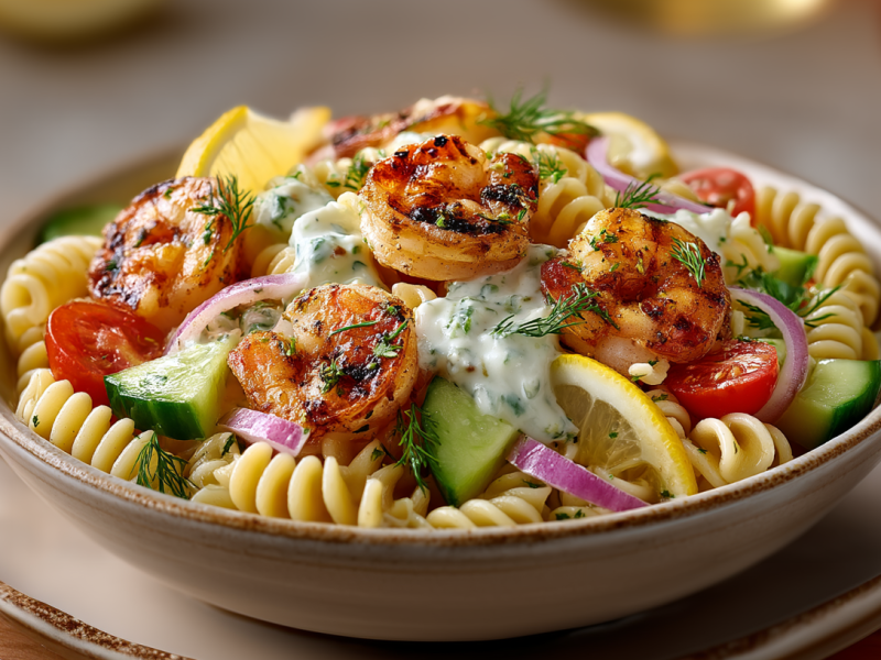 Un plato de ensalada de pasta con camarones sobre un plato base. La ensalada está preparada con fusilli, pepino, cebolla y camarones dorados. Se ven algunas rodajas de limón. En la parte posterior derecha de la imagen hay otro limón.