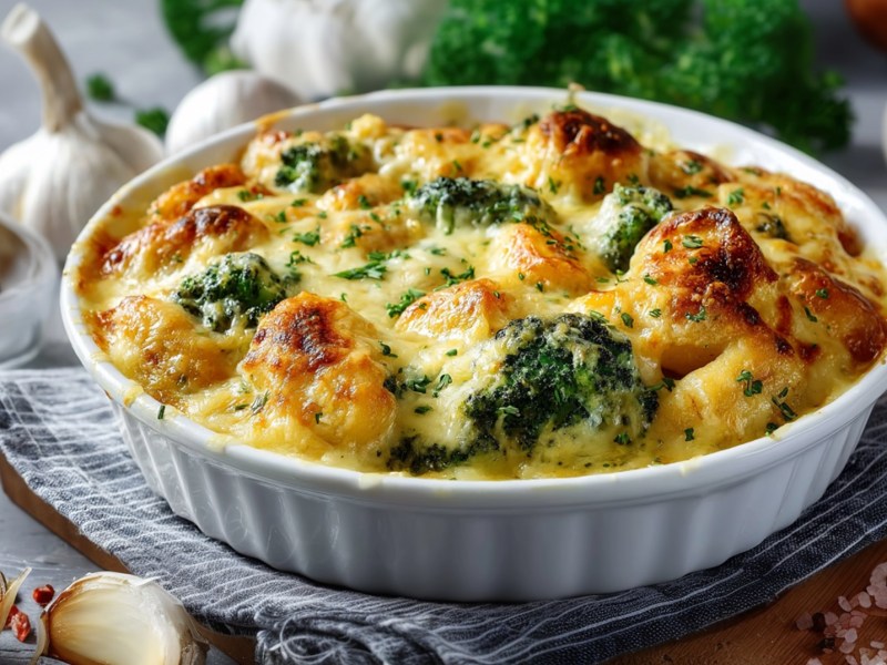 Fuente con gratinado de brócoli y ñoquis sobre una mesa