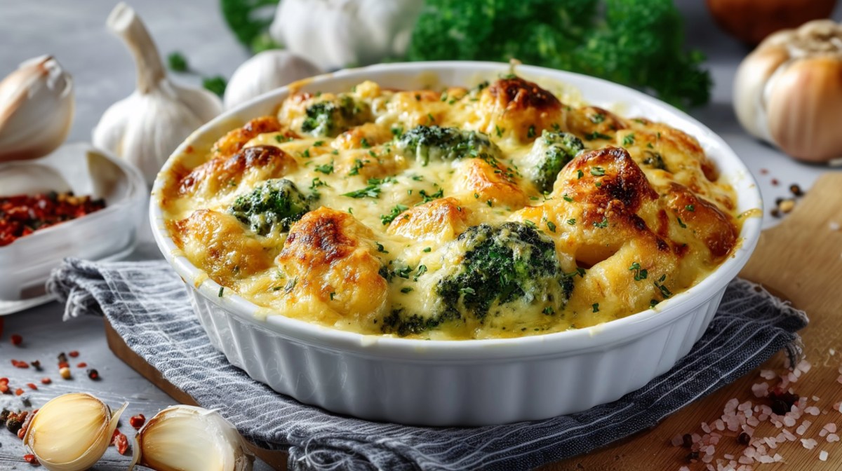 Fuente con gratinado de brócoli y ñoquis sobre una mesa