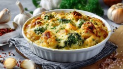 Fuente con gratinado de brócoli y ñoquis sobre una mesa