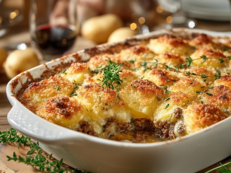 Gratinado francés de papas con carne molida en una mesa con ingredientes al lado