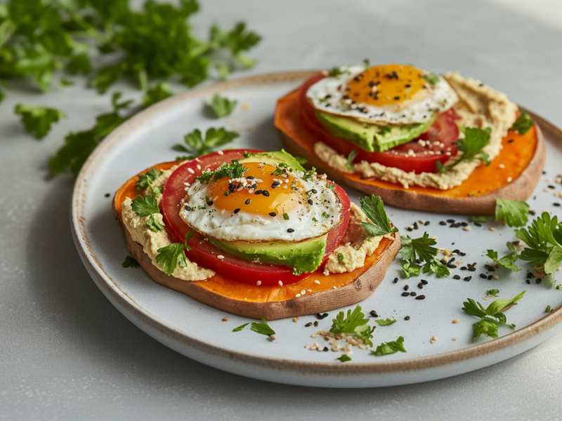 Un plato con dos huevos fritos sobre tostadas de batata. Las tostadas de batata están untadas con hummus, luego cubiertas con tomate y aguacate y cada una con un huevo frito encima. Todo está decorado con perejil fresco picado y ajonjolí. Al fondo hay un manojo de perejil fresco.