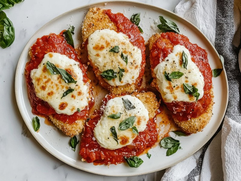 Un plato con cuatro milanesas de pollo gratinadas con tomate y mozzarella. Las milanesas gratinadas están decoradas con albahaca fresca. El plato está sobre una encimera de mármol clara. A la derecha del plato hay un paño de cocina a rayas blancas y negras.