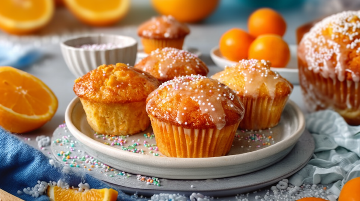 Un plato con muffins de Fanta con glaseado y chispas de colores. Al fondo hay mitades de naranja cortadas.
