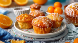 Un plato con muffins de Fanta con glaseado y chispas de colores. Al fondo hay mitades de naranja cortadas.