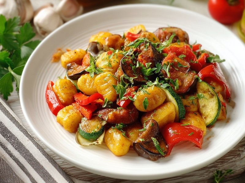 Un plato de ñoquis a la ratatouille, colocado sobre una servilleta de tela a rayas. A la derecha del plato hay un cuchillo. Además, alrededor del plato se ven ingredientes como tomates frescos, perejil fresco y ajo.