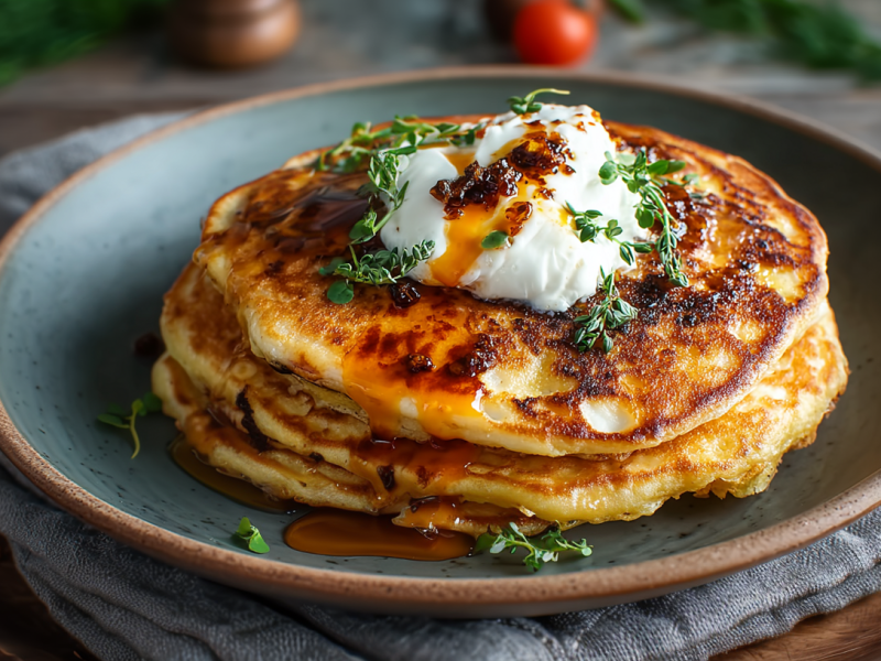 Una pila de panqueques picantes de halloumi en un plato azul grisáceo. Están cubiertos con crema agria y aceite. Al fondo se ven más ingredientes.