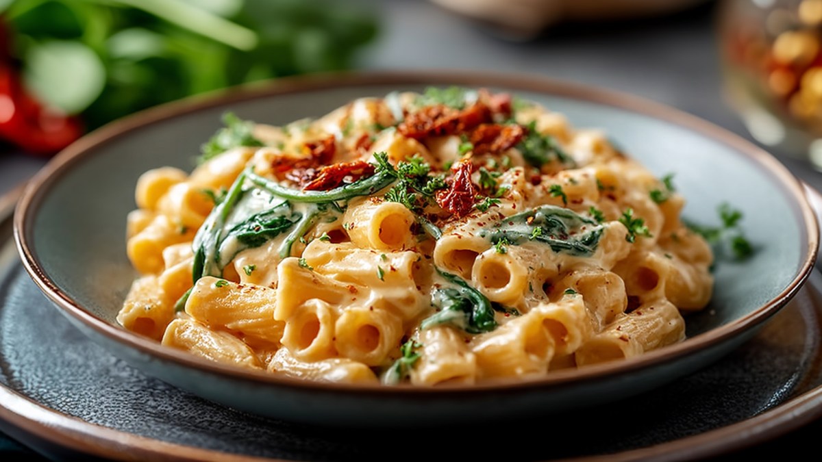 Un plato grande con una porción de pasta en salsa cremosa de tofu.