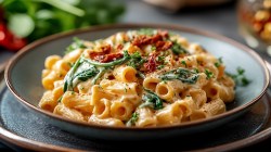 Un plato grande con una porción de pasta en salsa cremosa de tofu.