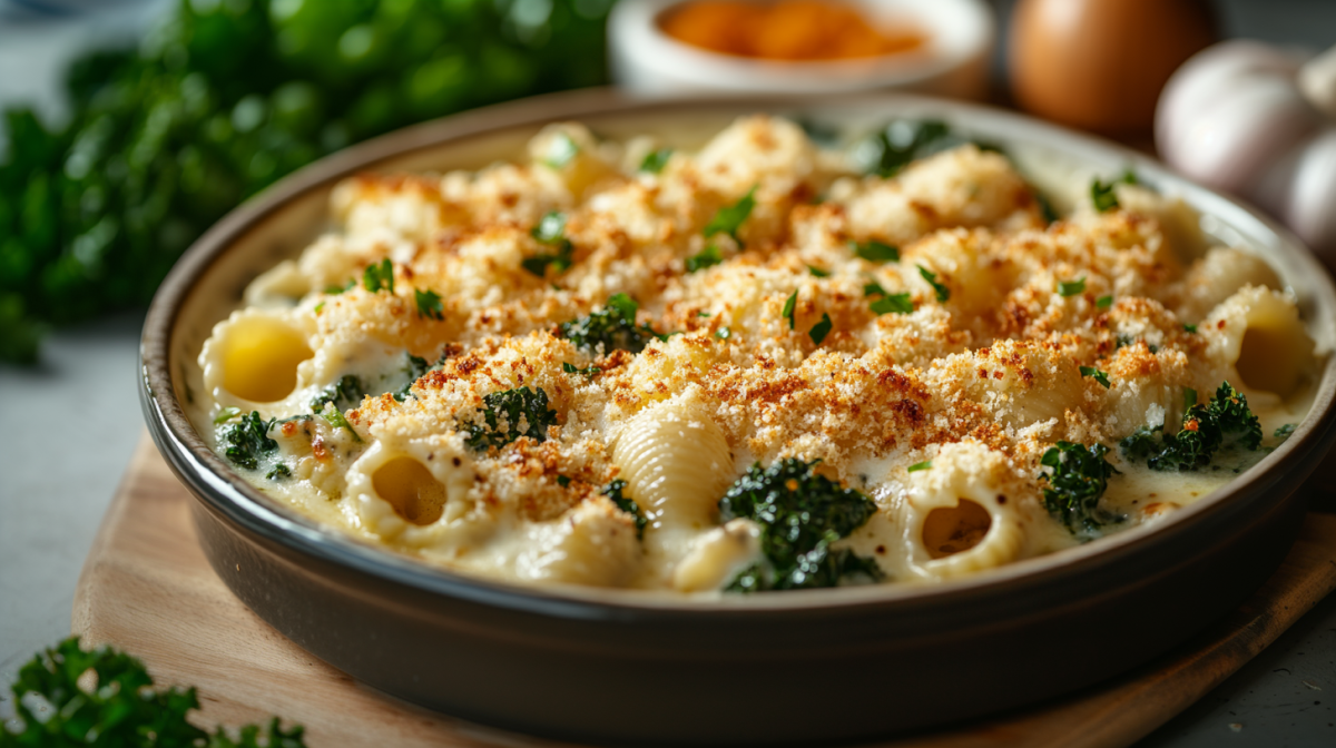 Pasta y col rizada al horno con Panko.