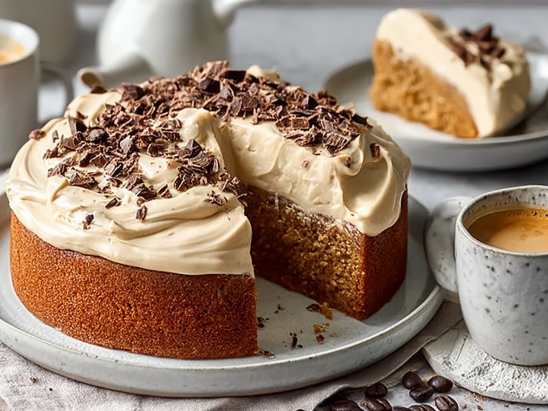 Un plato con un pastel de yogur y expreso redondo y cortado, espolvoreado con un poco de chocolate amargo picado. Junto a él hay una taza de café. Al fondo se puede ver un trozo de pastel en un plato y otra taza de café.