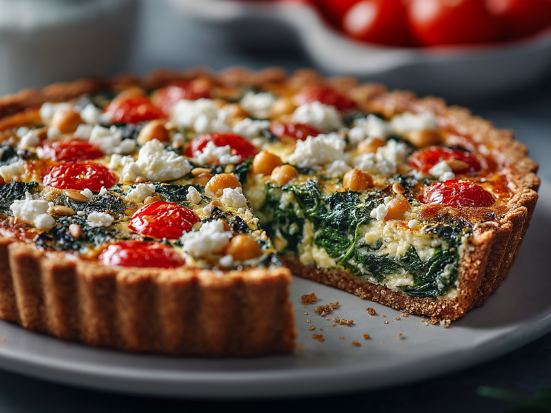 Una quiche integral en un plato gris. Está rellena de espinacas, tomates, garbanzos y feta. Al fondo se ven más tomates.