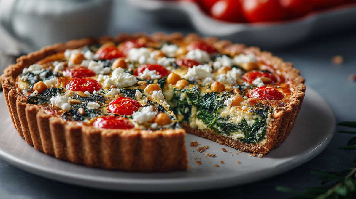 Una quiche integral en un plato gris. Está rellena de espinacas, tomates, garbanzos y feta. Al fondo se ven más tomates.