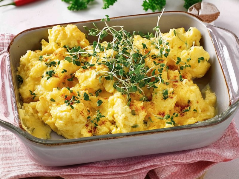 Una fuente para horno con revuelto de huevo al horno.