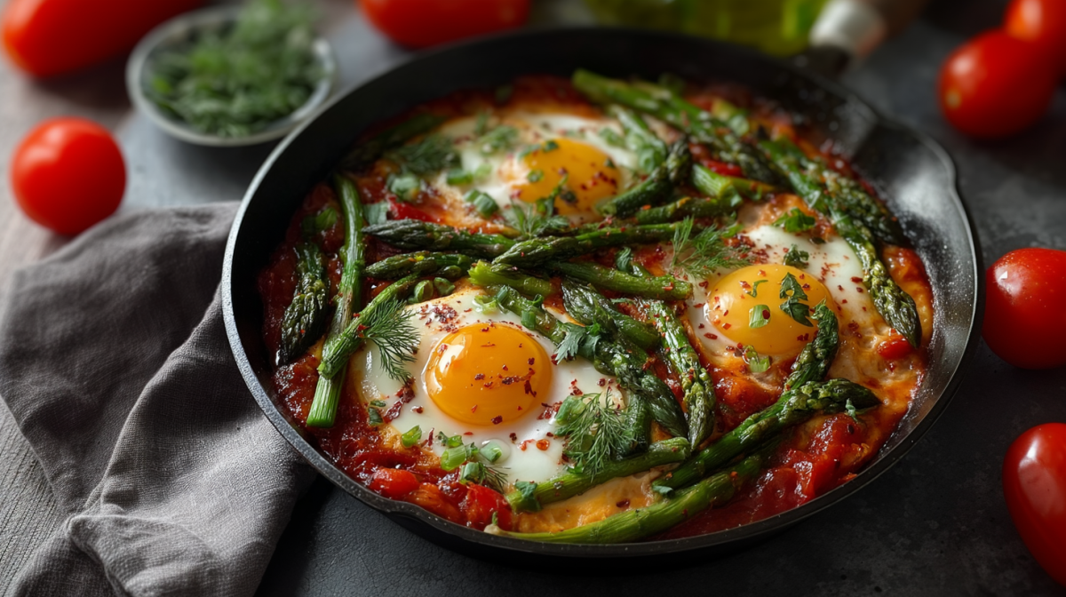 Una shakshuka de espárragos en una sartén con tres huevos. Alrededor de la sartén hay varios tomates esparcidos. La sartén está sobre un paño de cocina gris.