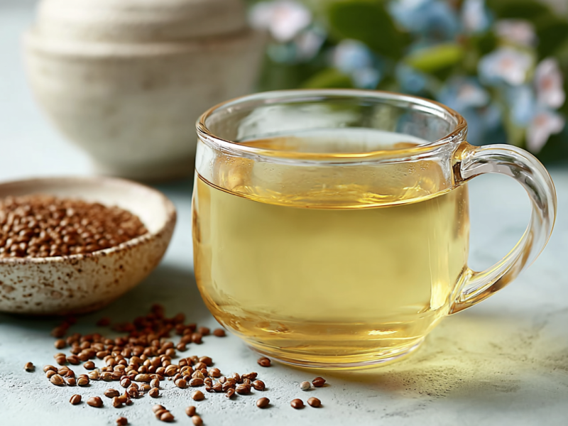 Una taza de Sobacha: té de trigo sarraceno tostado, junto a un cuenco de trigo sarraceno.