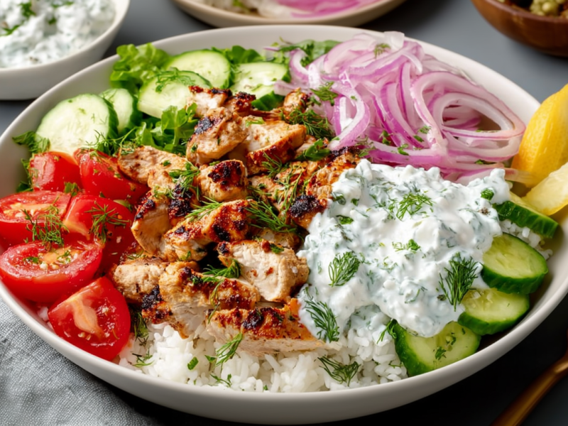 Un tazón de pollo con tzatziki con carne tierna y verduras crujientes. A un lado hay un tenedor.