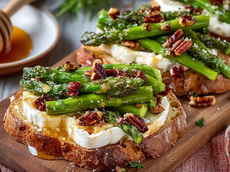 Una tabla de madera con varias tostadas de espárragos con camembert, adornadas con miel y nueces. Al fondo se puede ver un plato con una cuchara de miel de madera y miel.